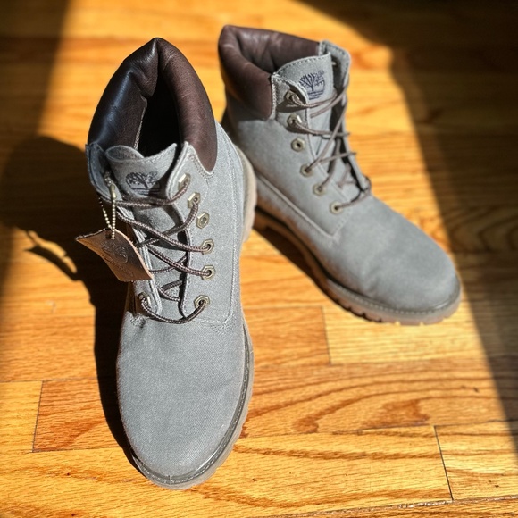 Timberland Waxed Canvas Grey/Blue Boots  Women's 10 - Never Worn - Picture 5 of 5